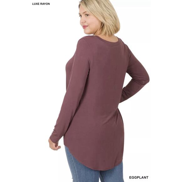 Zenana V-Neck Long Sleeve Shirt Round Hem Relaxed Fit Top Plus‎ Size 2X - Picture 3 of 4